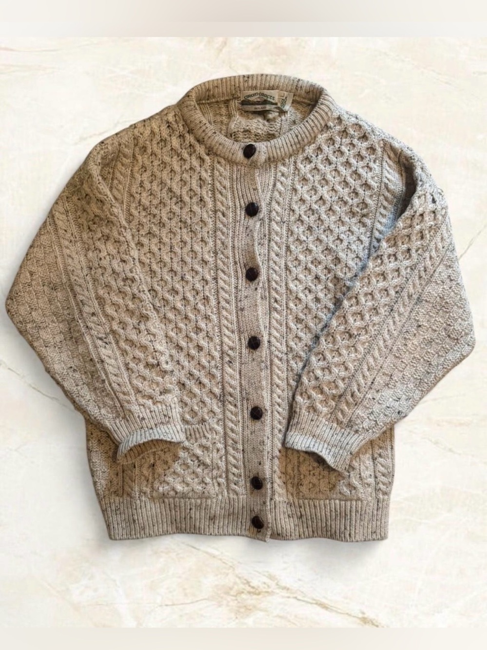 Aran Crafts Ireland Wool Cardigan Women’s L Cable Knit Fisherman Sweater Cream
